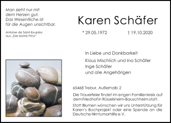Traueranzeige von Karen Schäfer von vrm-trauer