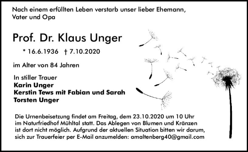  Traueranzeige für Klaus Unger vom 17.10.2020 aus vrm-trauer