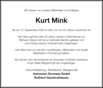 Traueranzeige von Kurt Mink von vrm-trauer