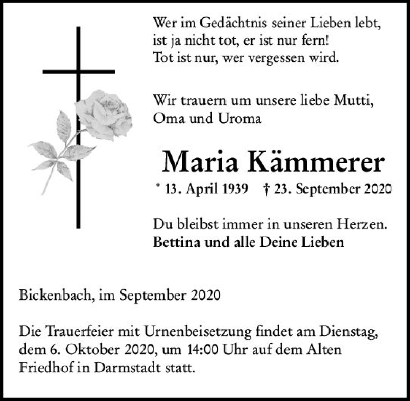  Traueranzeige für Maria Kämmerer vom 02.10.2020 aus vrm-trauer