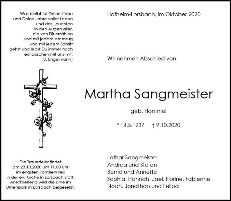  Traueranzeige für Martha Sangmeister vom 16.10.2020 aus vrm-trauer