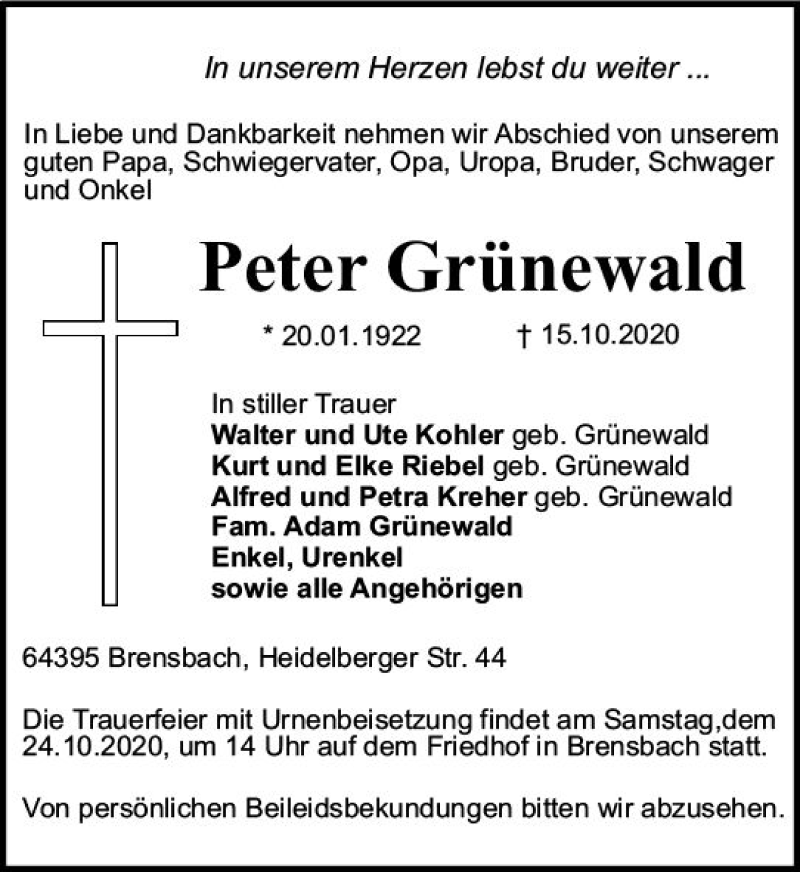  Traueranzeige für Peter Grünewald vom 21.10.2020 aus vrm-trauer