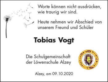 Traueranzeige von Tobias Vogt von vrm-trauer