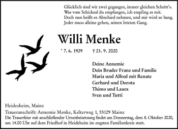 Traueranzeige von Willi Menke von vrm-trauer