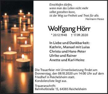 Traueranzeige von Wolfgang Hörr von vrm-trauer