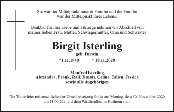 Traueranzeige von Birgit Isterling von vrm-trauer
