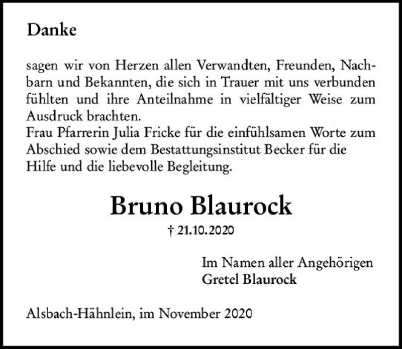  Traueranzeige für Bruno Blaurock vom 14.11.2020 aus vrm-trauer