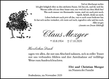 Traueranzeige von Claus Mezger von vrm-trauer