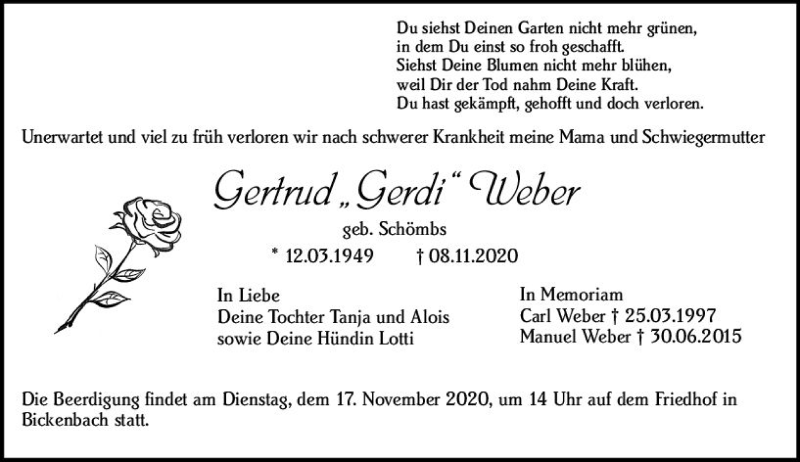  Traueranzeige für Gertrud Weber vom 14.11.2020 aus vrm-trauer