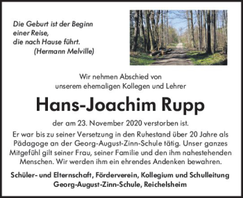 Traueranzeige von Hans-Joachim Rupp von vrm-trauer