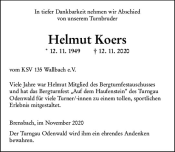 Traueranzeige von Helmut Koers von vrm-trauer