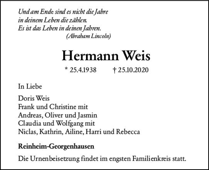  Traueranzeige für Hermann Weis vom 07.11.2020 aus vrm-trauer