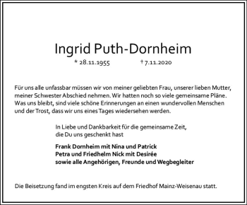 Traueranzeige von Ingrid Puth-Dornheim von vrm-trauer