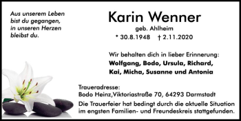 Traueranzeige von Karin Wenner von vrm-trauer