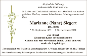 Traueranzeige von Marianne  Siegert von vrm-trauer