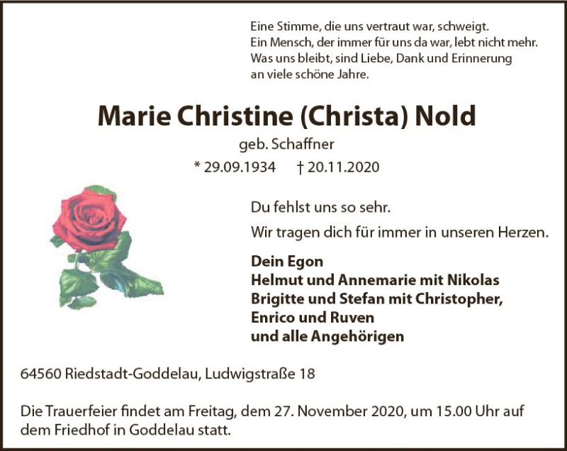  Traueranzeige für Marie Christine Nold vom 25.11.2020 aus vrm-trauer