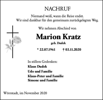 Traueranzeige von Marion Kratz von vrm-trauer