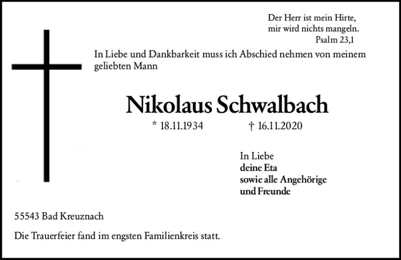  Traueranzeige für Nikolaus Schwalbach vom 27.11.2020 aus vrm-trauer