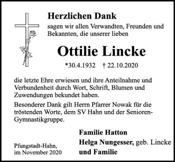 Traueranzeige von Ottilie Lincke von vrm-trauer