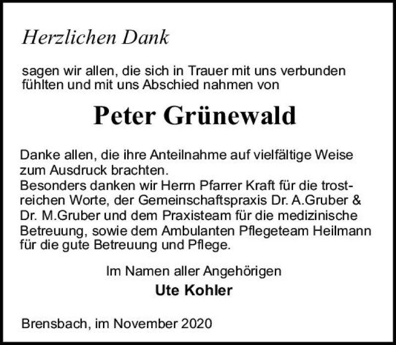  Traueranzeige für Peter Grünewald vom 21.11.2020 aus vrm-trauer