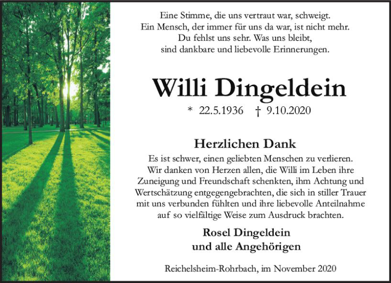  Traueranzeige für Willi Dingeldein vom 21.11.2020 aus vrm-trauer