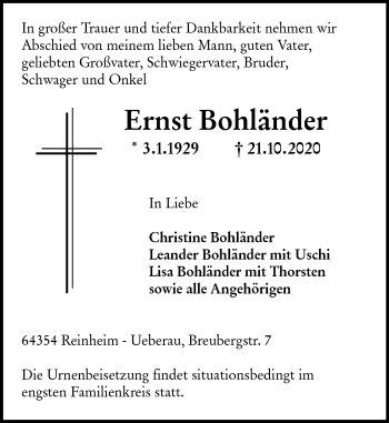 Traueranzeige von Ernst Bohländer von vrm-trauer