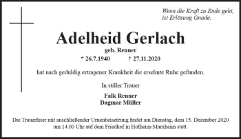 Traueranzeige von Adelheid Gerlach von vrm-trauer