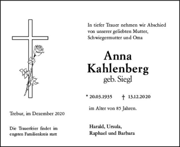 Traueranzeige von Anna Kahlenberg von vrm-trauer