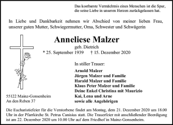 Traueranzeige von Anneliese Malzer von vrm-trauer