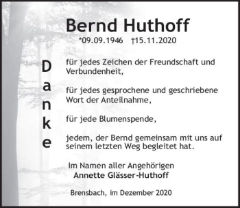 Traueranzeige von Bernd Huthoff von vrm-trauer