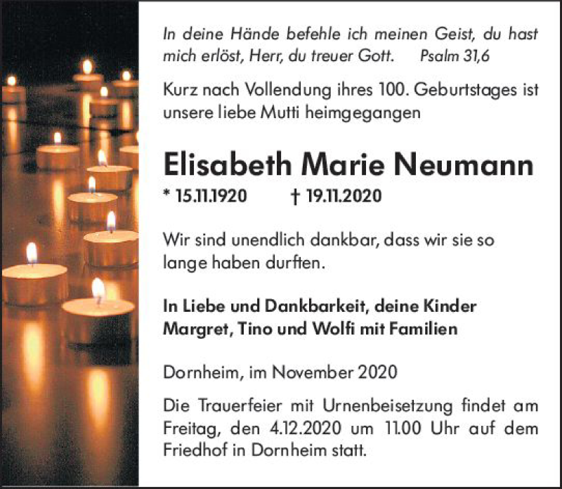  Traueranzeige für Elisabeth Marie Neumann vom 02.12.2020 aus vrm-trauer