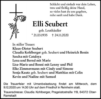 Traueranzeige von Elli Seubert von vrm-trauer