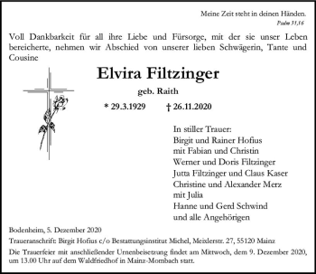 Traueranzeige von Elvira Filtzinger von vrm-trauer