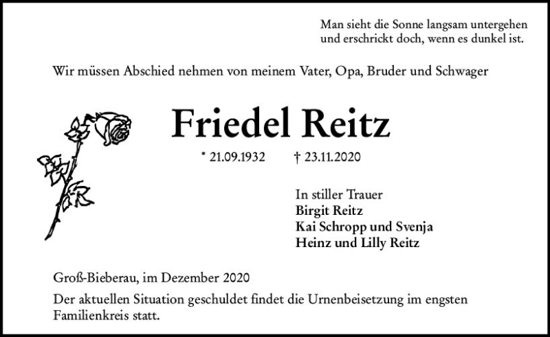  Traueranzeige für Friedel Reitz vom 05.12.2020 aus vrm-trauer