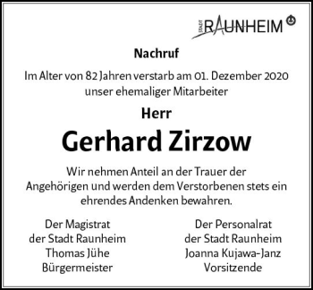 Traueranzeige von Gerhard Zirzow von vrm-trauer