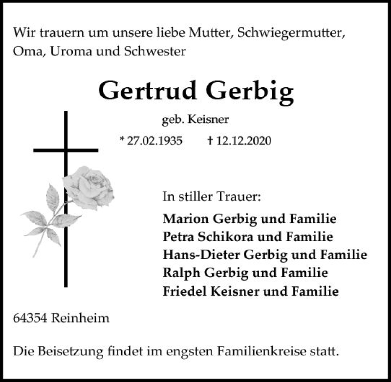  Traueranzeige für Gertrud Gerbig vom 19.12.2020 aus vrm-trauer