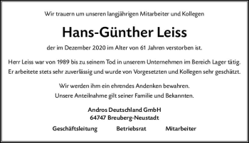 Traueranzeige von Hans-Günther Leiss von vrm-trauer