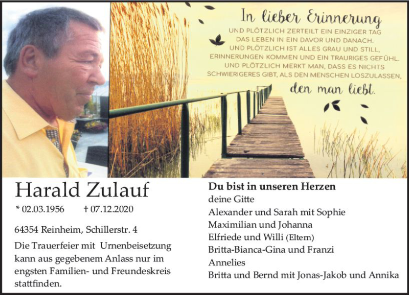  Traueranzeige für Harald Zulauf vom 12.12.2020 aus vrm-trauer
