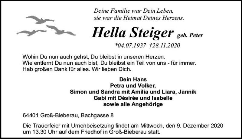  Traueranzeige für Hella Steiger vom 05.12.2020 aus vrm-trauer