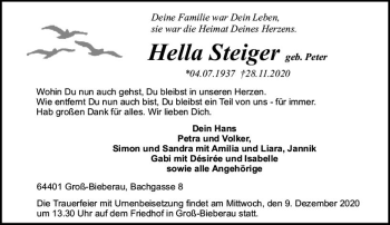 Traueranzeige von Hella Steiger von vrm-trauer