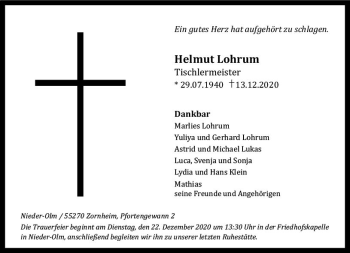 Traueranzeige von Helmut Lohrum von vrm-trauer