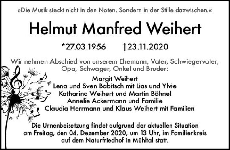  Traueranzeige für Helmut Manfred Weihert vom 02.12.2020 aus vrm-trauer