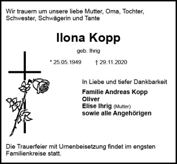 Traueranzeige von Ilona Kopp von vrm-trauer