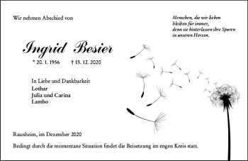 Traueranzeige von Ingrid Besier von vrm-trauer