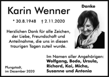Traueranzeige von Karin Wenner von vrm-trauer