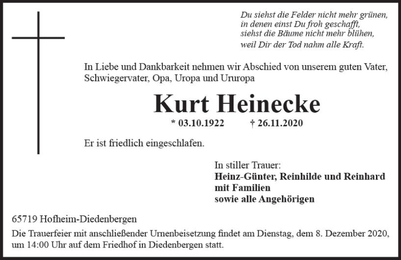  Traueranzeige für Kurt Heinecke vom 04.12.2020 aus vrm-trauer