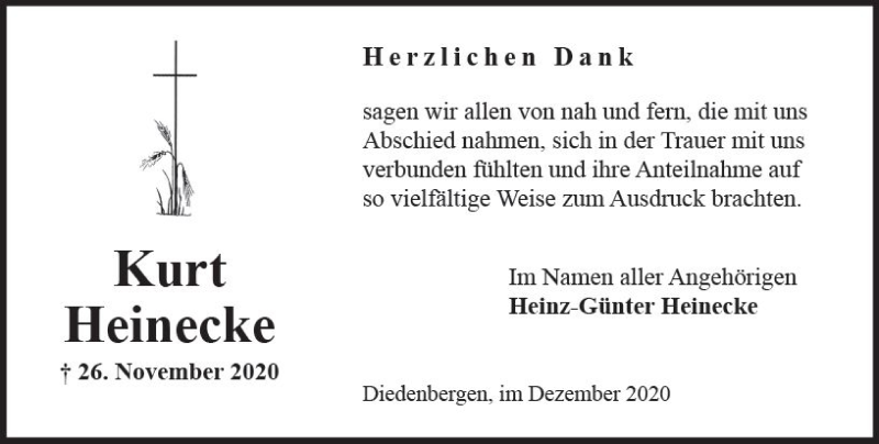  Traueranzeige für Kurt Heinecke vom 18.12.2020 aus vrm-trauer