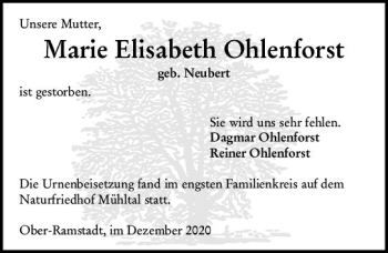 Traueranzeige von Marie Elisabeth Ohlenforst von vrm-trauer