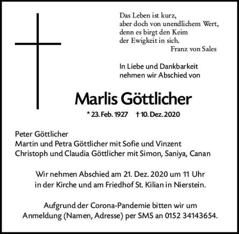  Traueranzeige für Marlis Göttlicher vom 16.12.2020 aus vrm-trauer