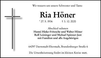 Traueranzeige von Ria Höner von vrm-trauer